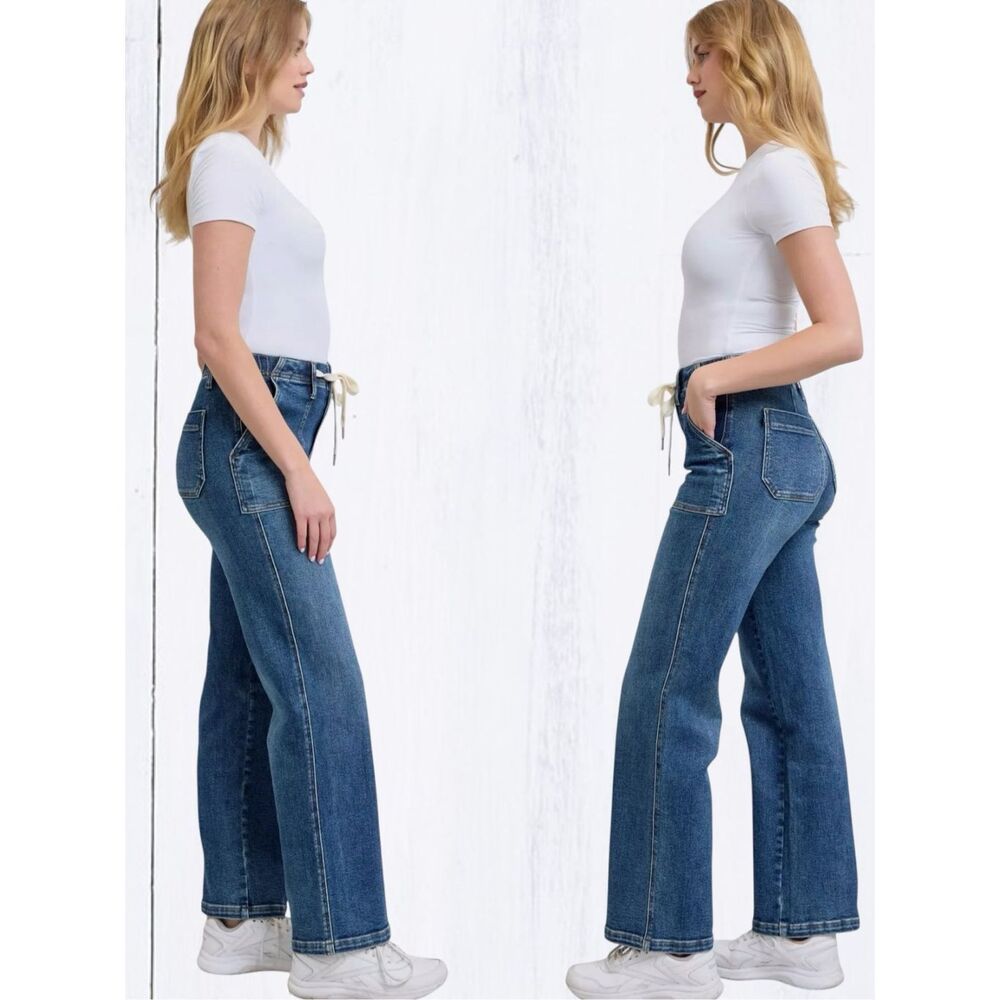 Judy Blue Drawstring Wide Leg Jeans High Rise Medium Wash Relaxed Fit NWT - Picture 15 of 16